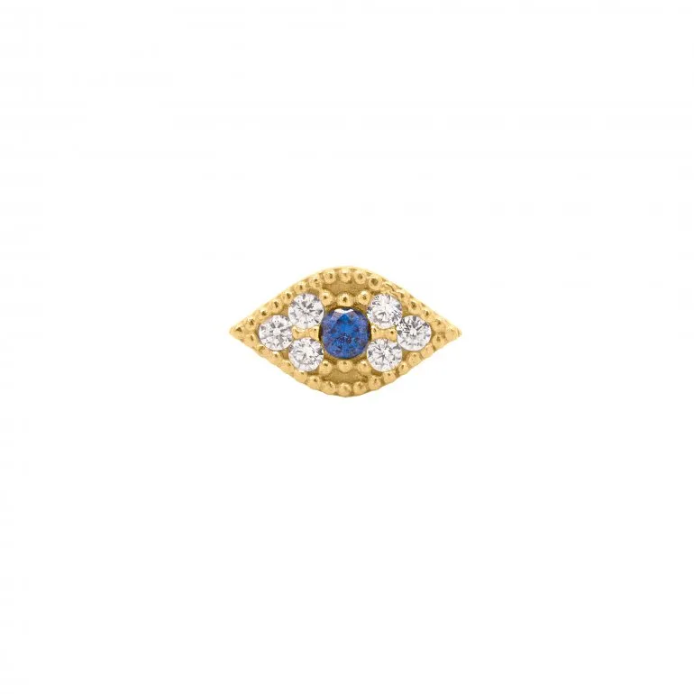 14k Gold Evil Eye With Blue CZ Flat Screwback Single Stud