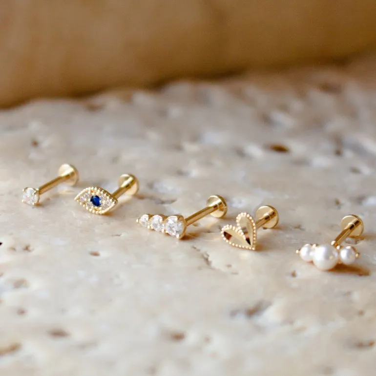 14k Gold Evil Eye With Blue CZ Flat Screwback Single Stud