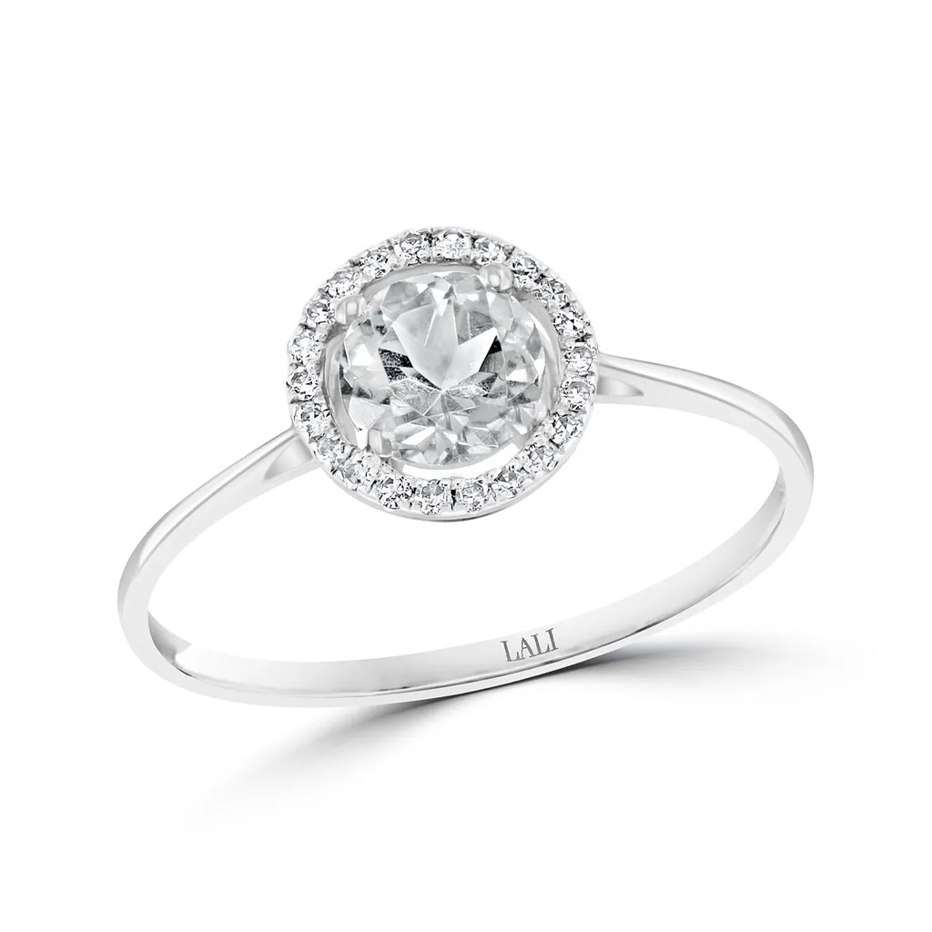 14K White Gold Round White Topaz Halo Ring