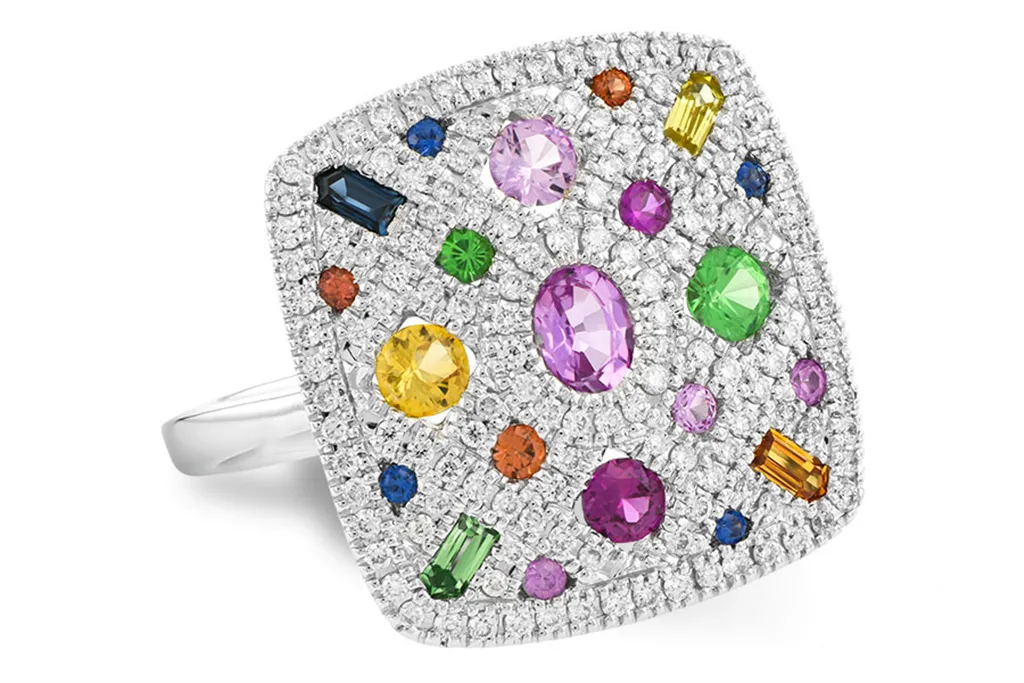 14K White Gold Various Shapes Multi-Colored Stones Contemporary Ring
