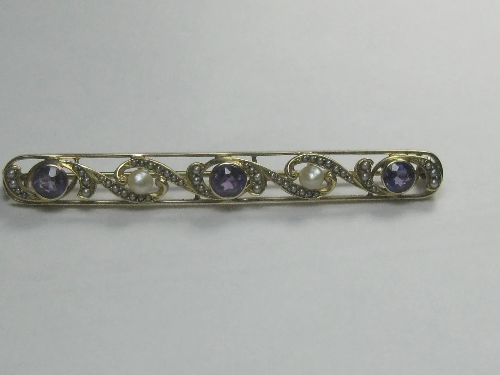 14kt Edwardian Amethyst Pearl Bar Brooch Brooch, .45 TCW,  Early 1900's
