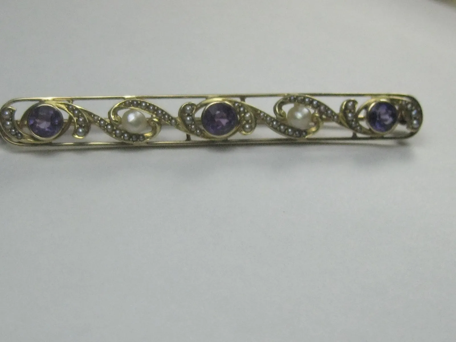 14kt Edwardian Amethyst Pearl Bar Brooch Brooch, .45 TCW,  Early 1900's