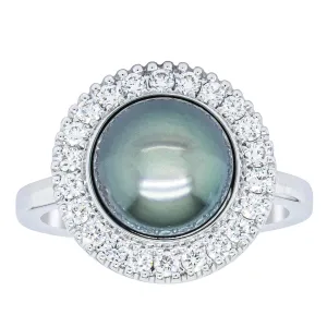 18ct White Gold 9.1mm Tahitian Black Pearl & Diamond Daisy Ring
