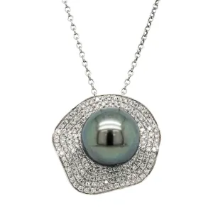 18ct White Gold Tahitian Black Pearl & Diamond Pendant