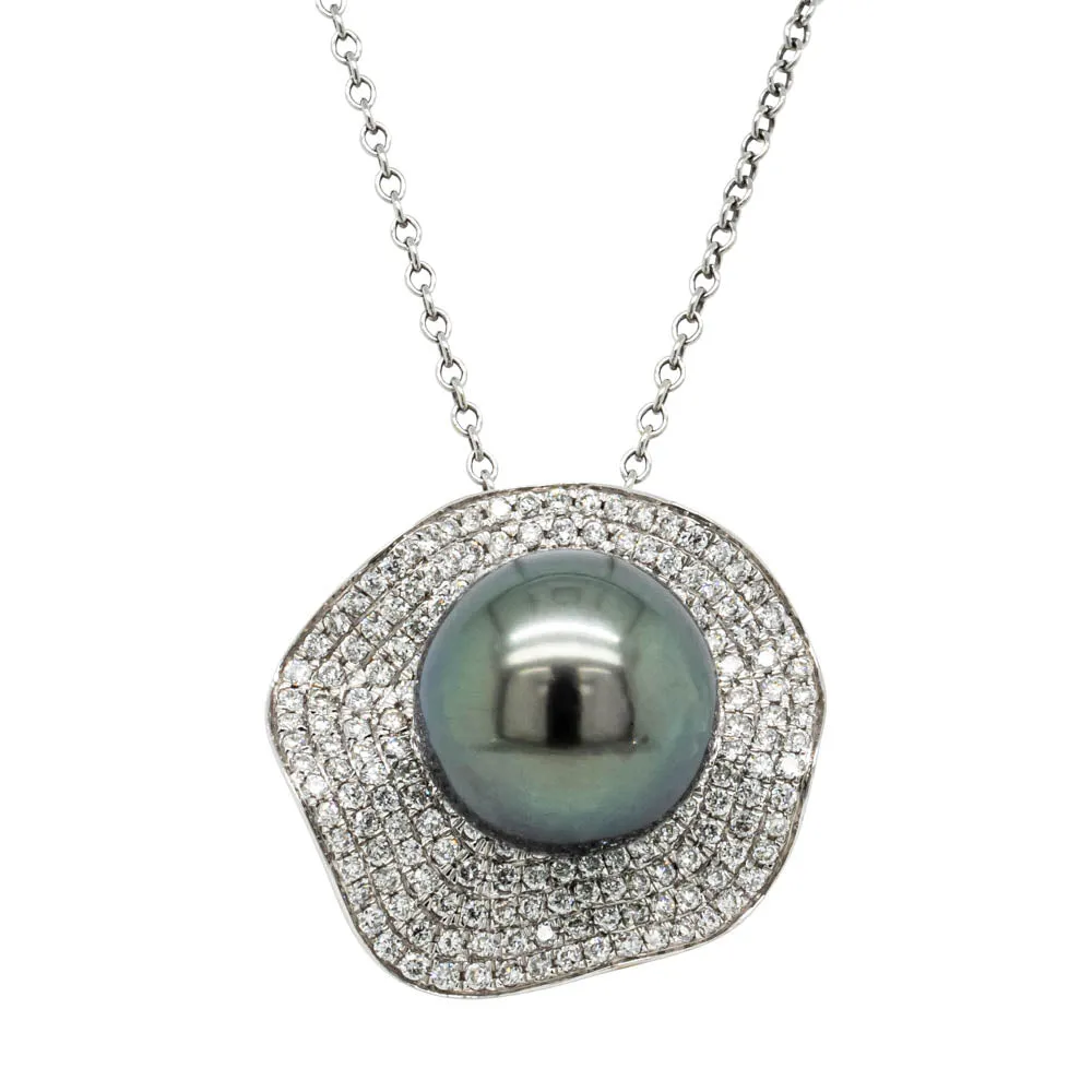 18ct White Gold Tahitian Black Pearl & Diamond Pendant