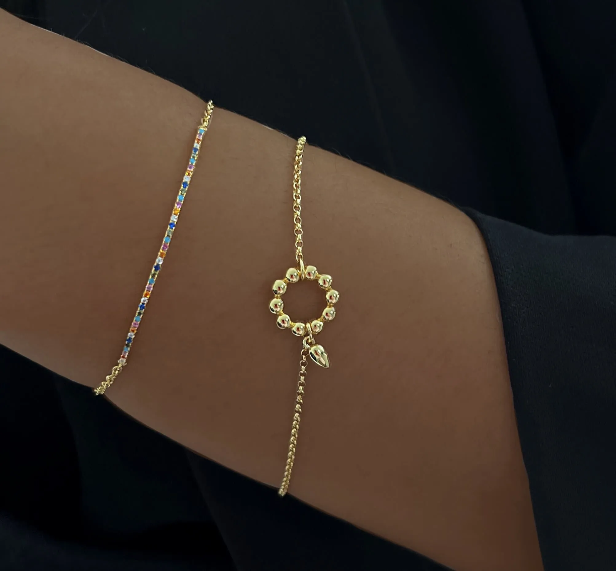 18k yellow gold bracelet assembled with zirconium oxide, turquoise and ruby