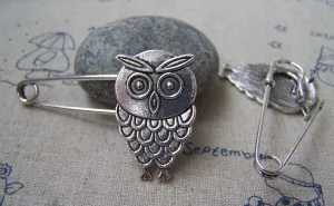 6 pcs Antique Silver Owl Safety Pins Broochs 11x50mm A2883