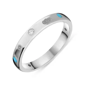 9ct White Gold 0.06ct Diamond Turquoise King's Coronation Hallmark 3mm Ring D
