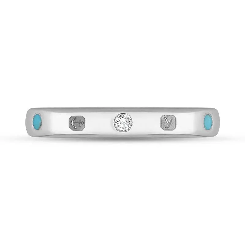 9ct White Gold 0.06ct Diamond Turquoise King's Coronation Hallmark 3mm Ring D