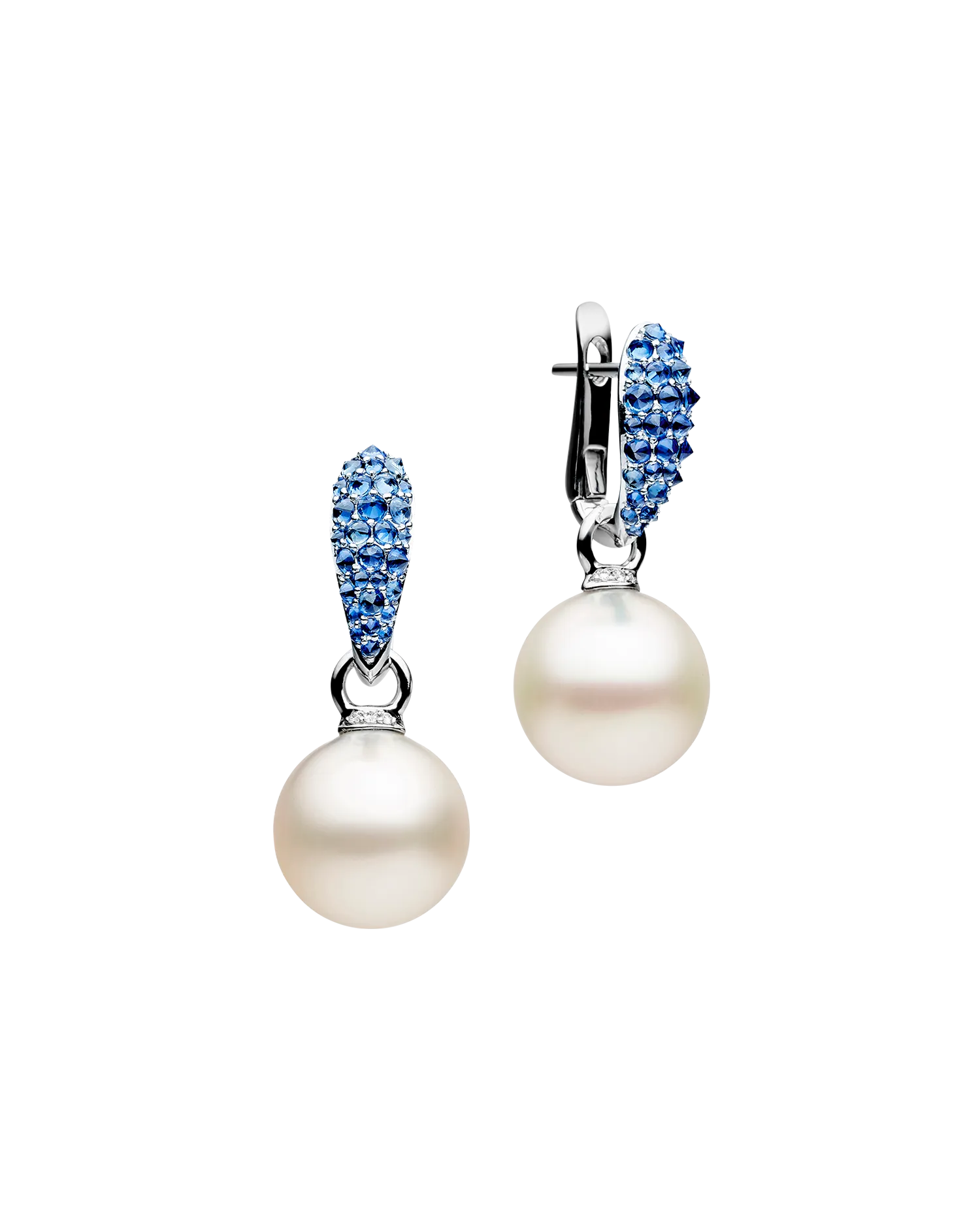 Blue Sapphire Touchstone Pearls My Way Earrings  | 12mm Oval Pearls, Blue Sapphires and White Gold
