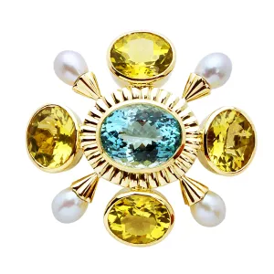 Brooch - Aquamarine, Pearl and Lemon Quartz
