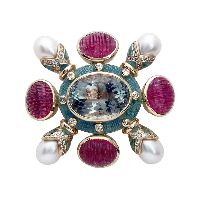 Brooch - Green Quartz, Rubellite, Pearl and Diamond (Enamel)
