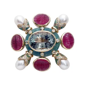 Brooch - Green Quartz, Rubellite, Pearl and Diamond (Enamel)