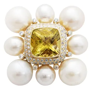 Brooch - Lemon Quartz, Fresh Water Pearl and Diamond