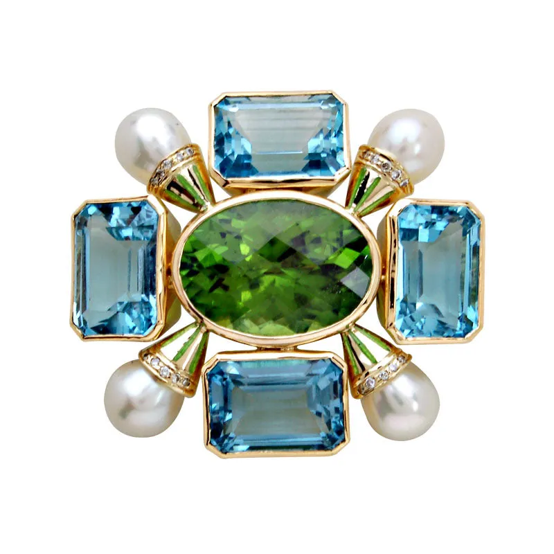 Brooch - Peridot, Blue Topaz, Pearl and Diamond (Enamel)