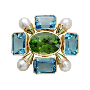 Brooch - Peridot, Blue Topaz, Pearl and Diamond (Enamel)