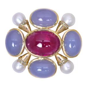 Brooch - Rubellite, Chalcedony, Fresh Water Pearl and Diamond
