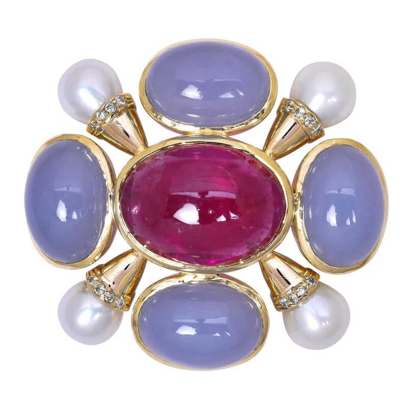 Brooch - Rubellite, Chalcedony, Fresh Water Pearl and Diamond