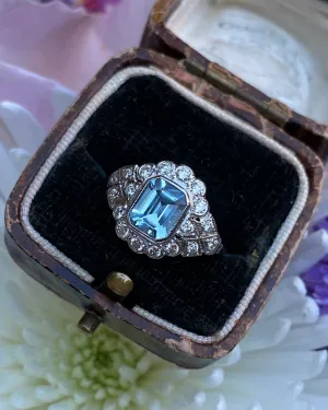 Edwardian Style Aquamarine and Diamond Cluster Platinum Ring 0.60ct   1.10ct