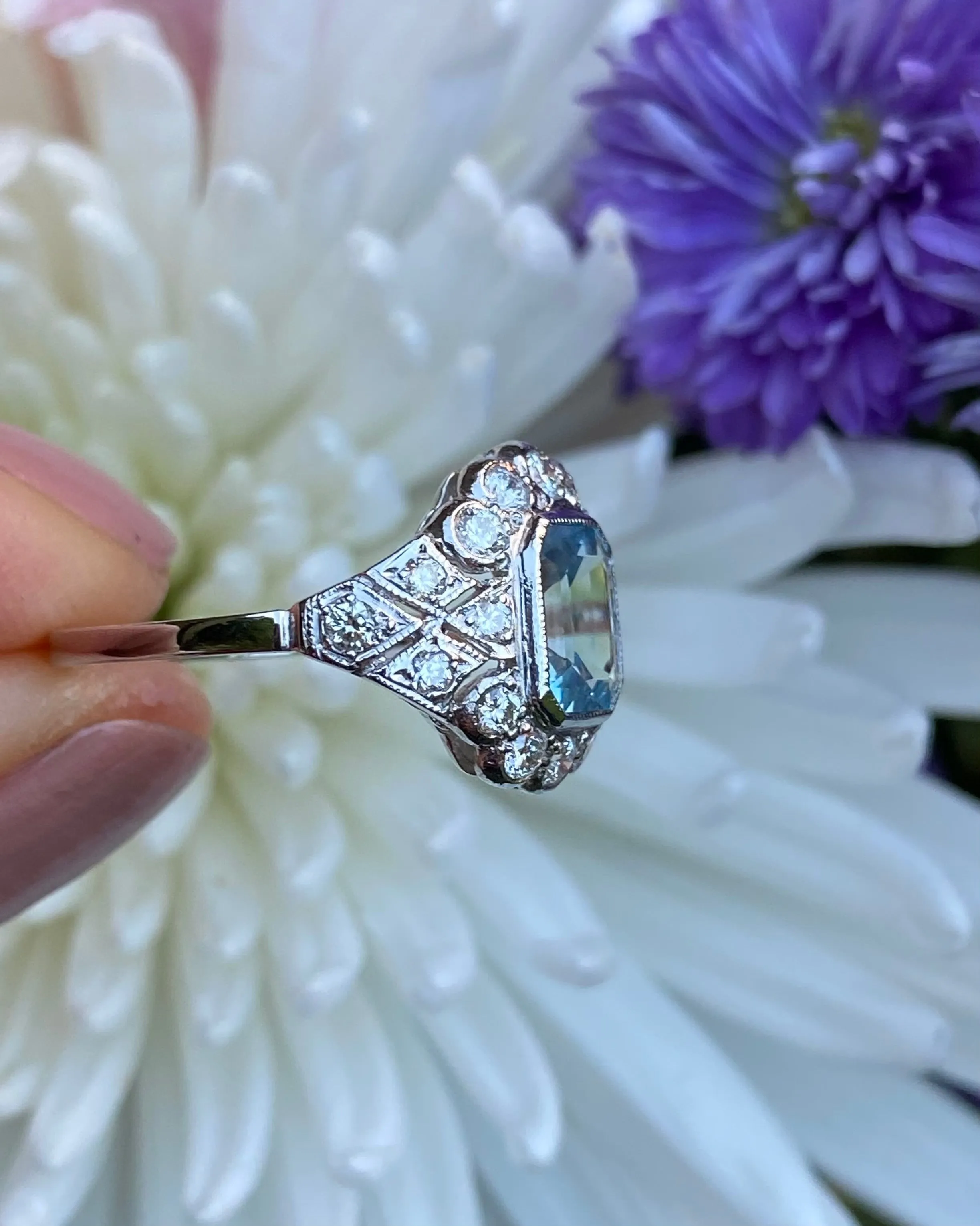 Edwardian Style Aquamarine and Diamond Cluster Platinum Ring 0.60ct   1.10ct