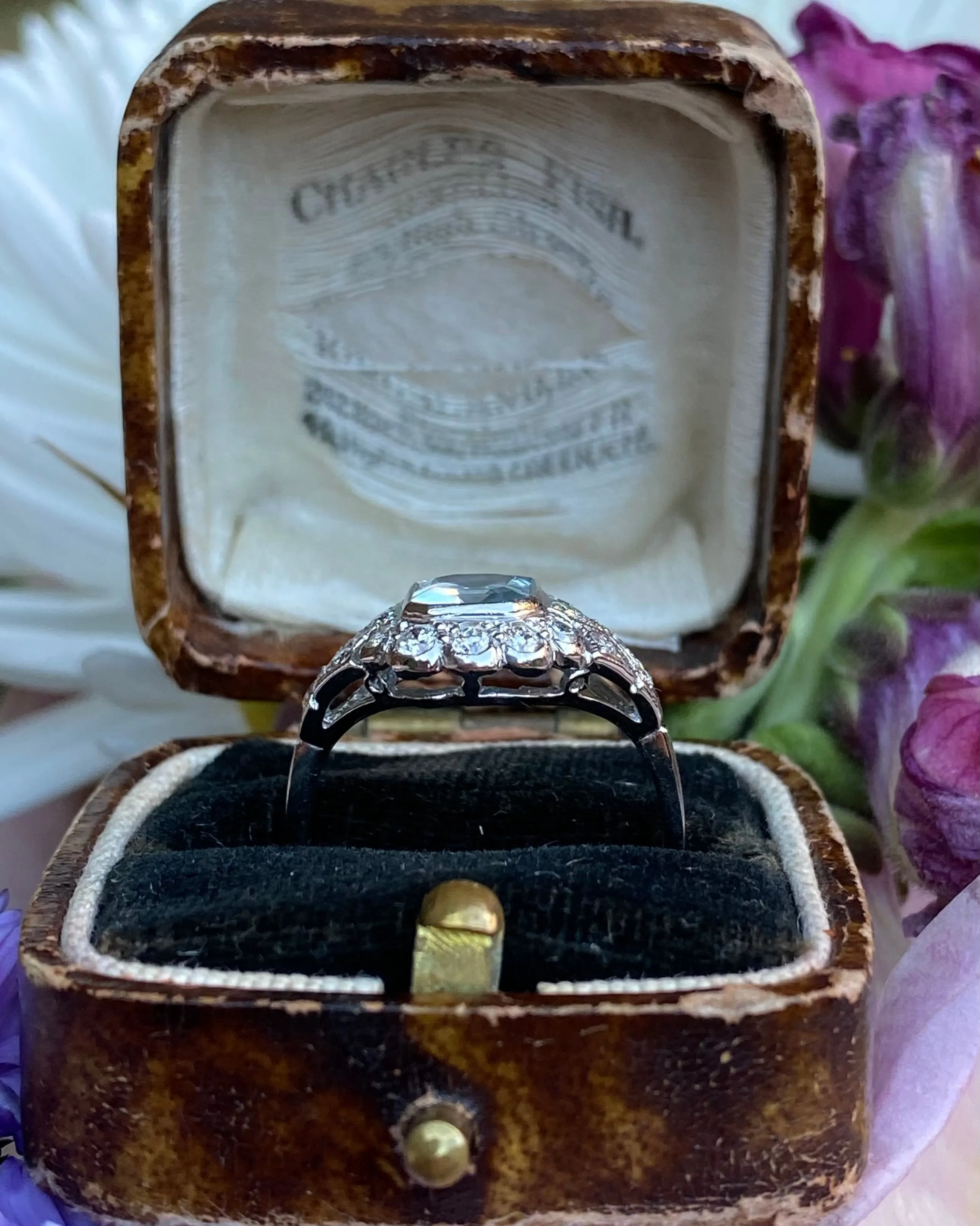 Edwardian Style Aquamarine and Diamond Cluster Platinum Ring 0.60ct   1.10ct