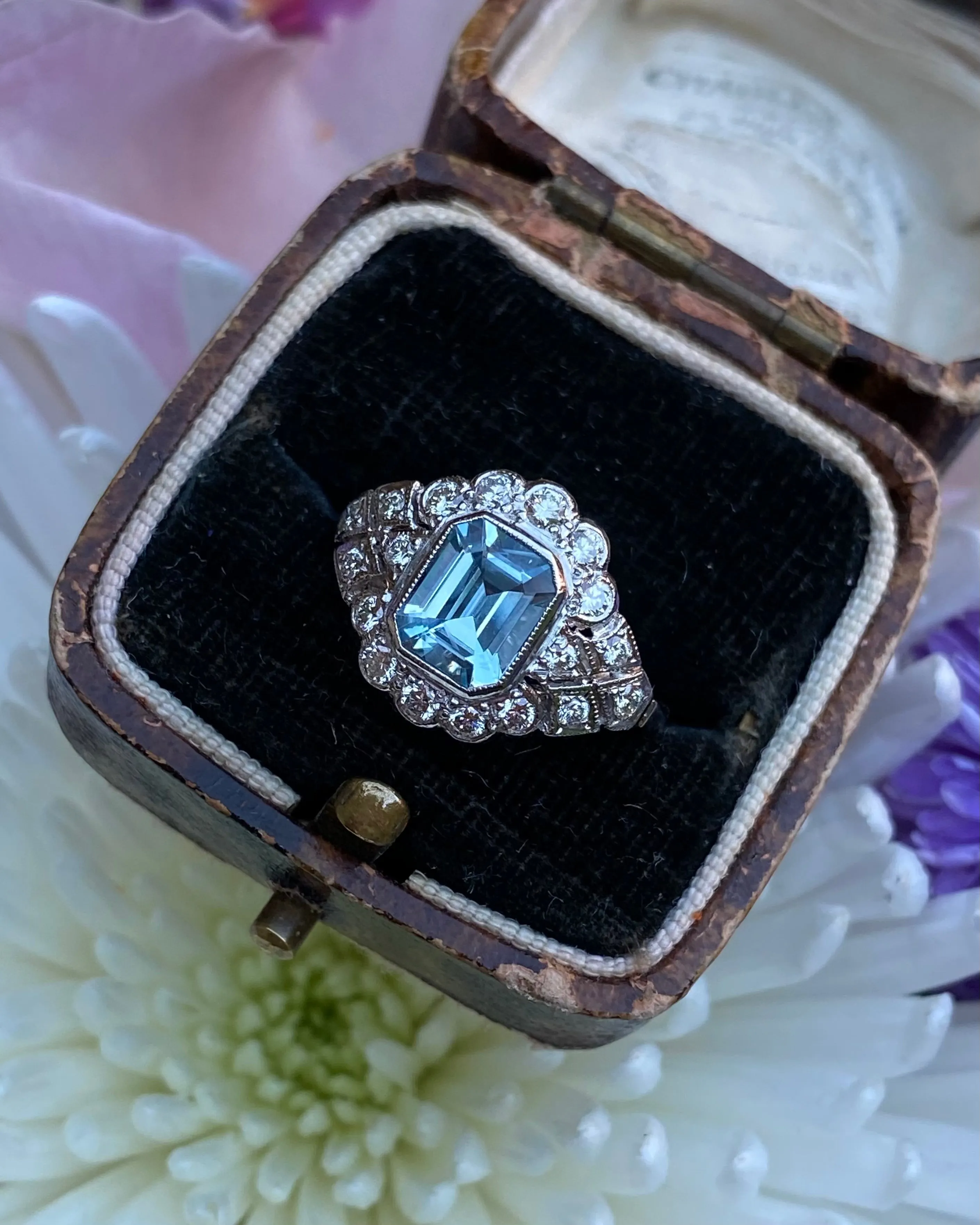Edwardian Style Aquamarine and Diamond Cluster Platinum Ring 0.60ct   1.10ct