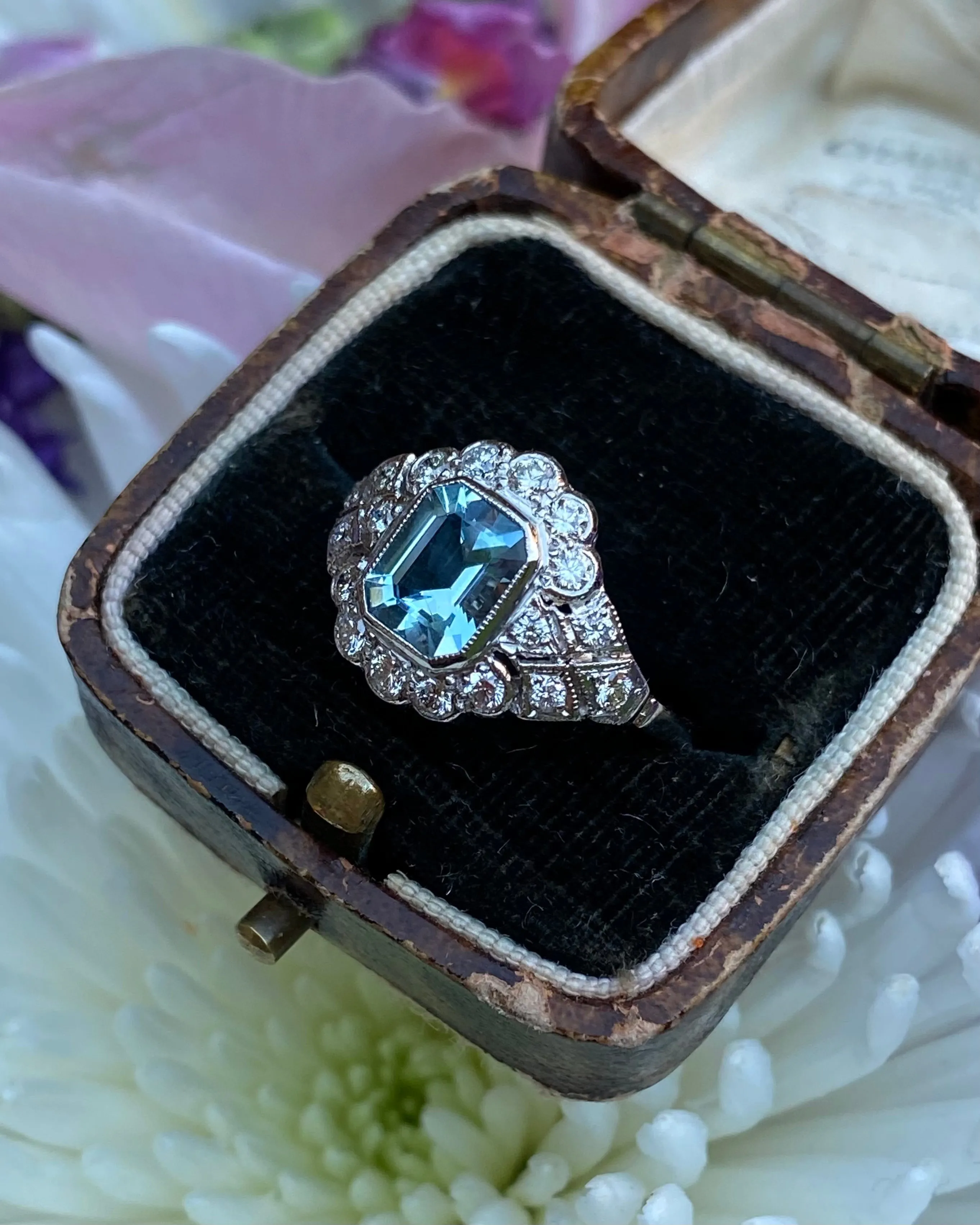Edwardian Style Aquamarine and Diamond Cluster Platinum Ring 0.60ct   1.10ct