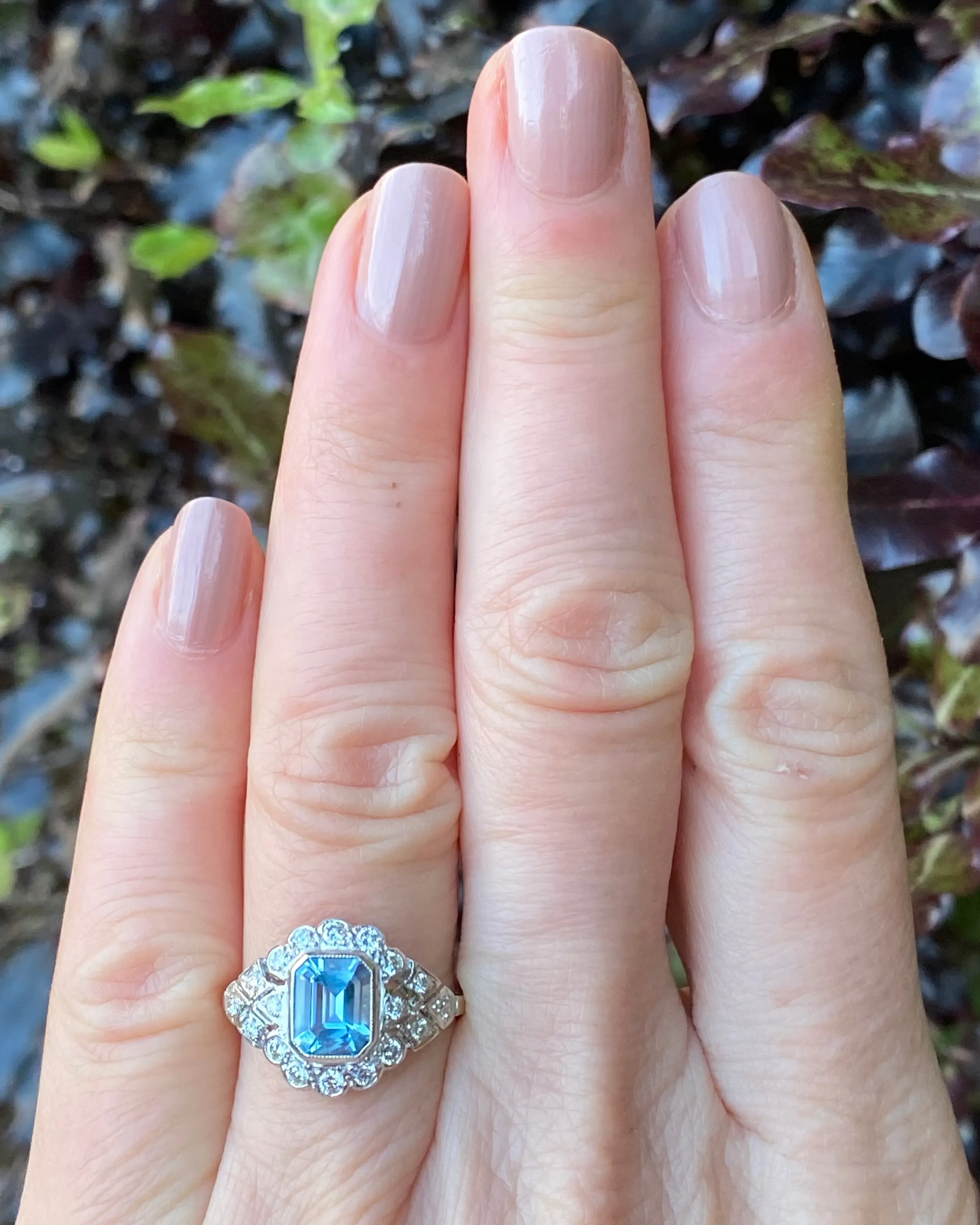 Edwardian Style Aquamarine and Diamond Cluster Platinum Ring 0.60ct   1.10ct