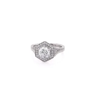 Estate 14 Karat White Gold Engraved Tapered Shank Diamond Engagement Ring with GIA Certification BT-SM1001640-02