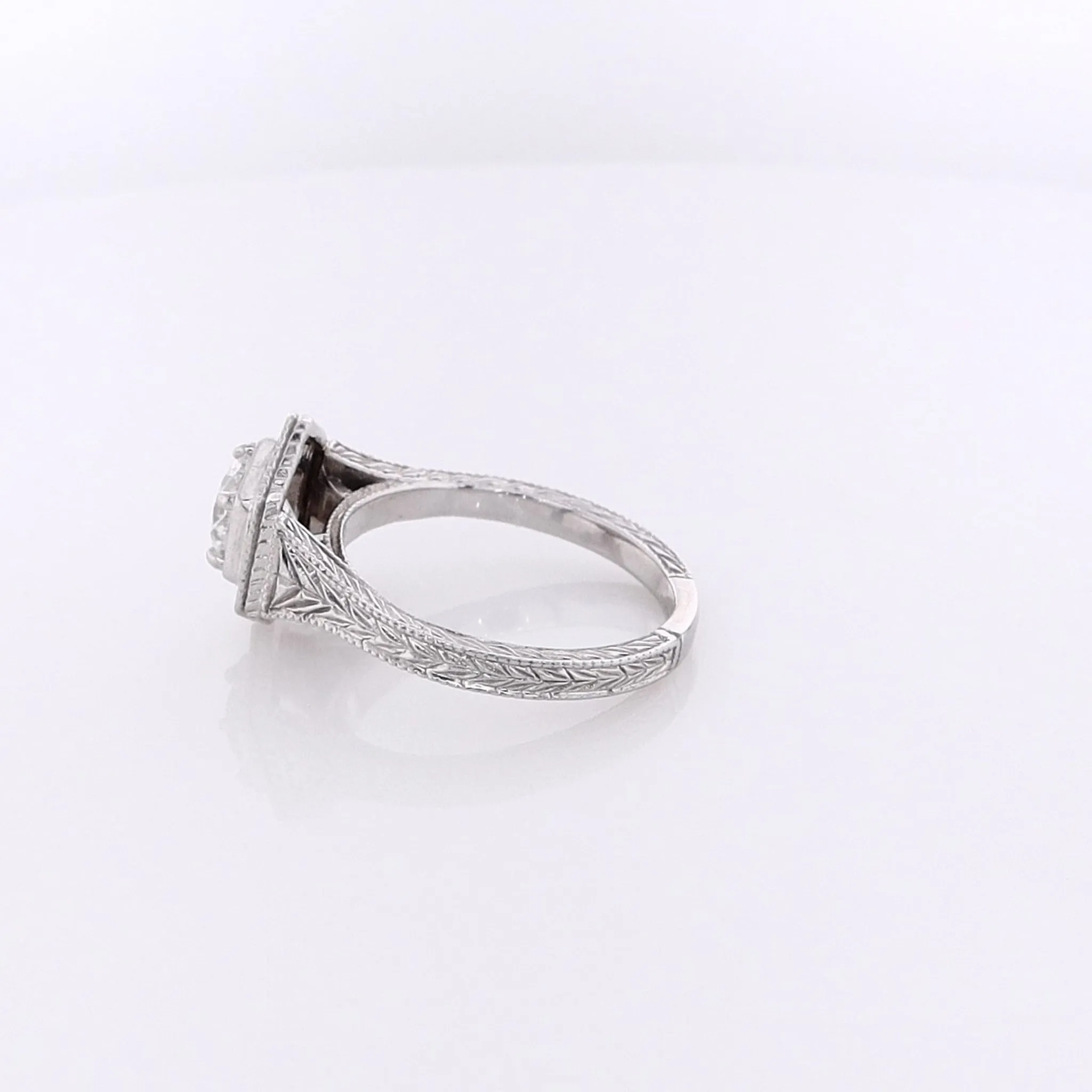 Estate 14 Karat White Gold Engraved Tapered Shank Diamond Engagement Ring with GIA Certification BT-SM1001640-02