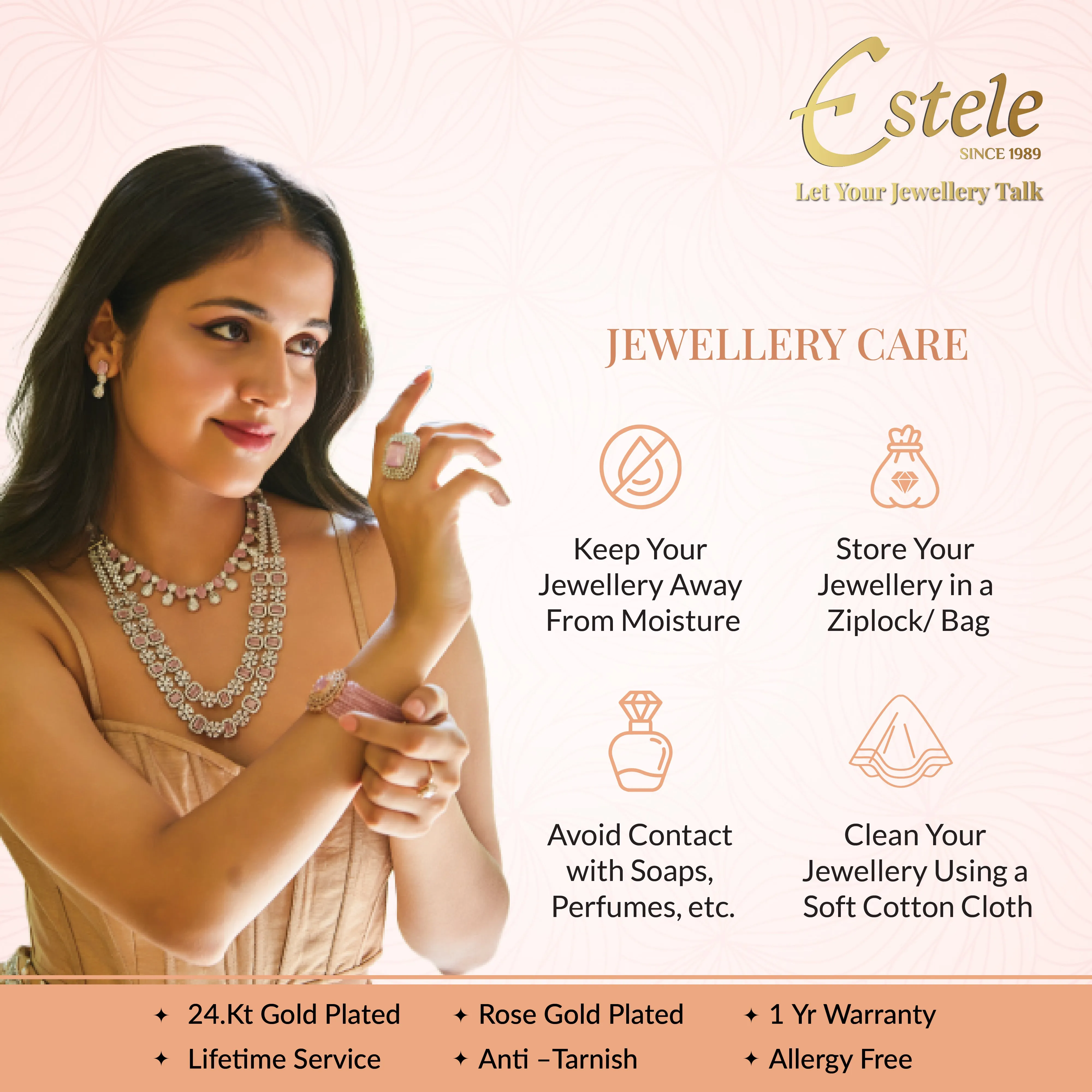 Estele Rosegold Plated Charming Mint Pink American Diamonds Charm Bracelet|Stylish Elegance for Girls & Women