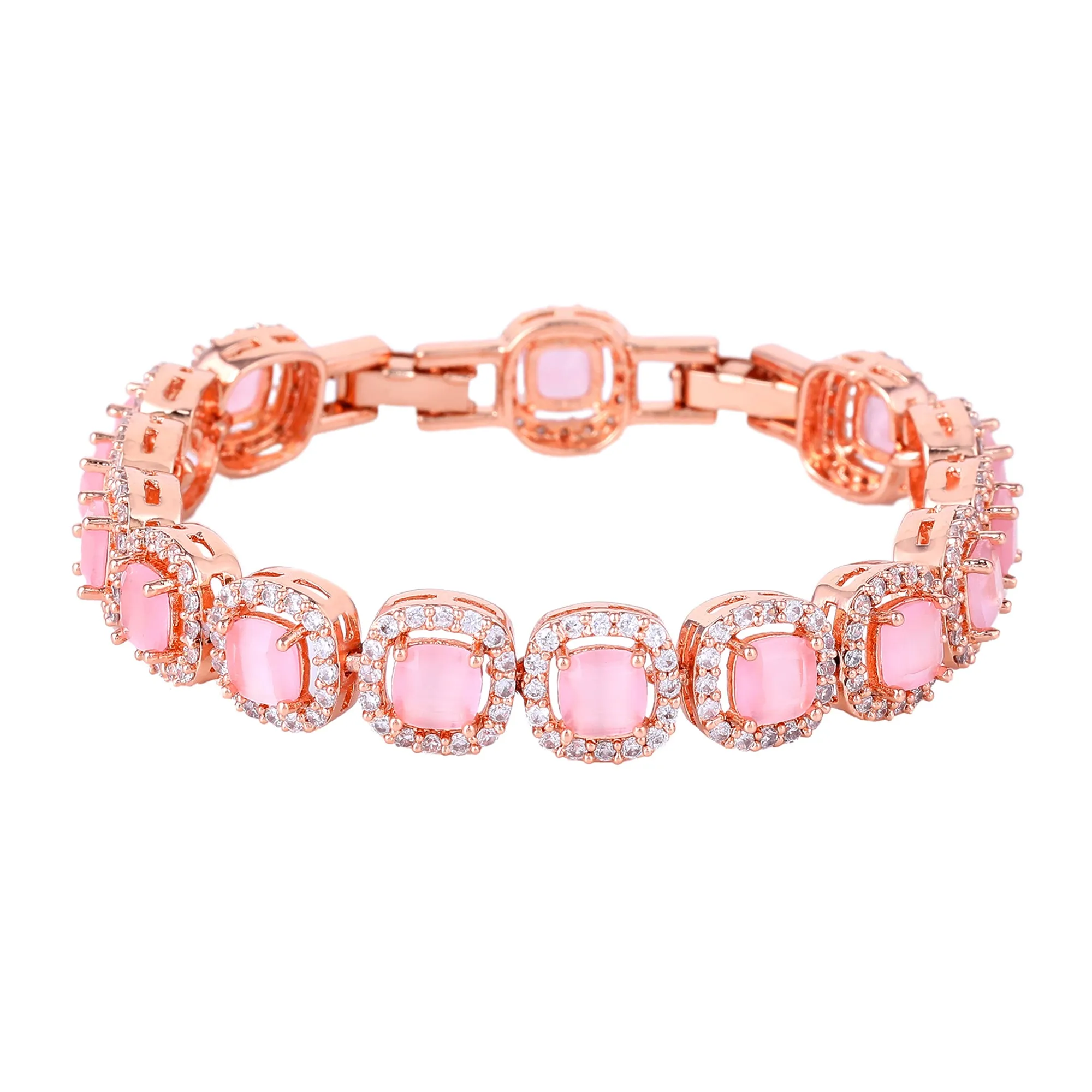 Estele Rosegold Plated Charming Mint Pink American Diamonds Charm Bracelet|Stylish Elegance for Girls & Women