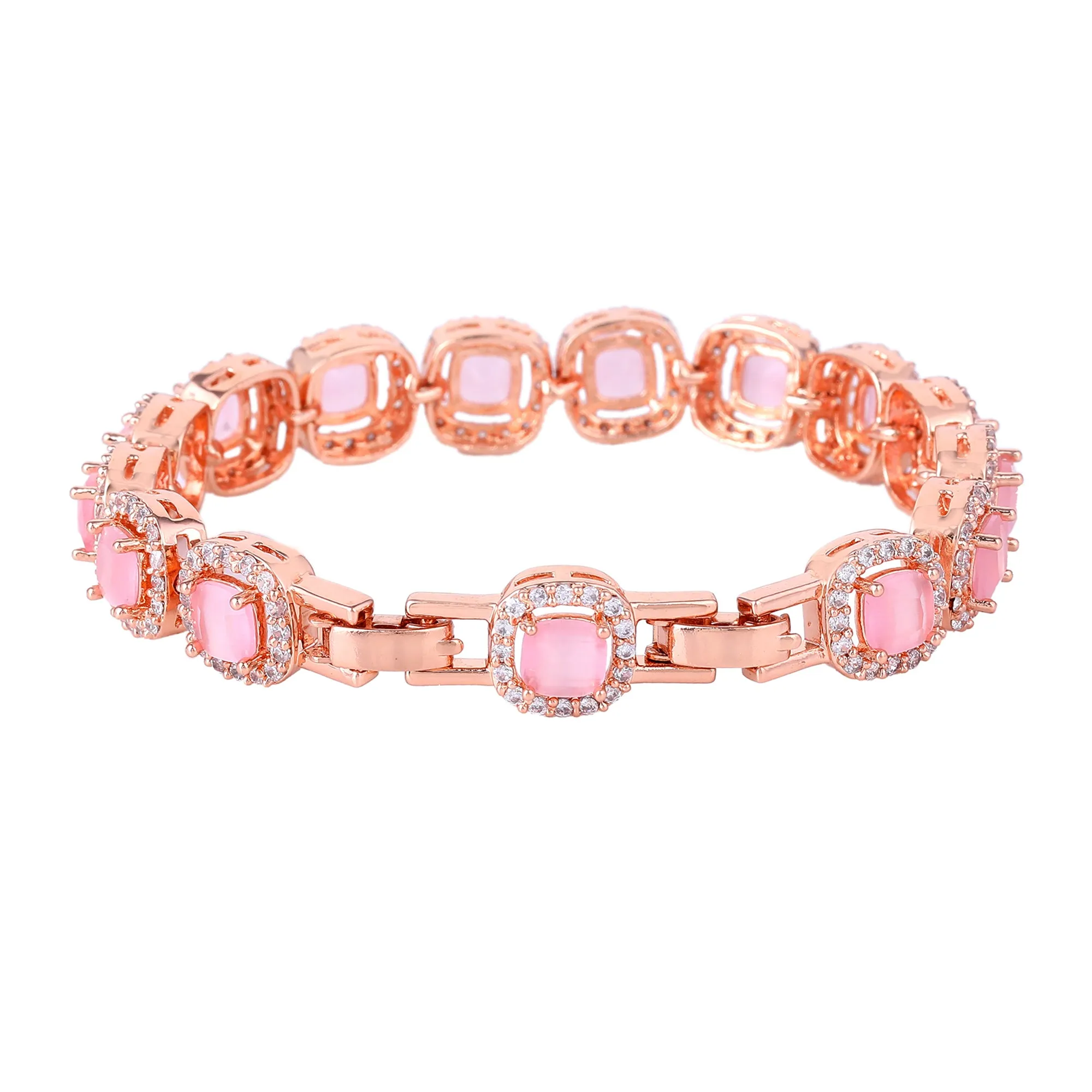 Estele Rosegold Plated Charming Mint Pink American Diamonds Charm Bracelet|Stylish Elegance for Girls & Women