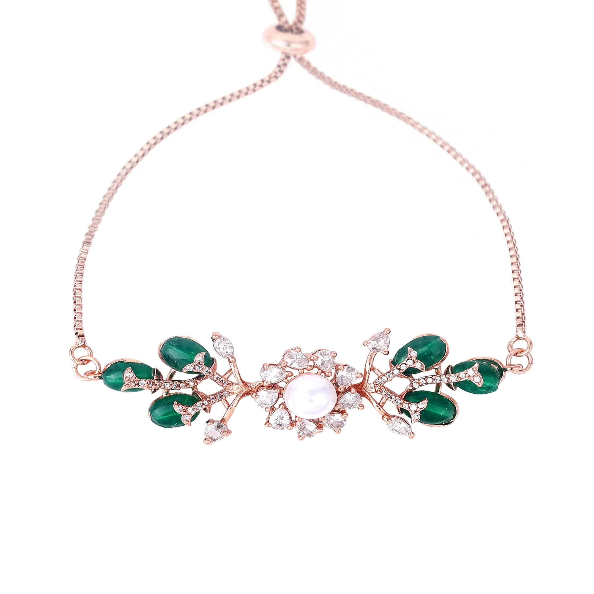 Estele Rosegold Plated Leafy Bloom Designer Adjustable Varya Bracelet with Green Beads for Women|A Perfect Blend of Nature & Style