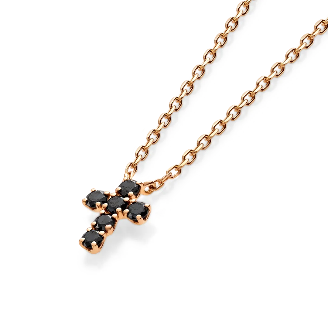 Extra Small Black Diamond Cross Pendant Rose Gold
