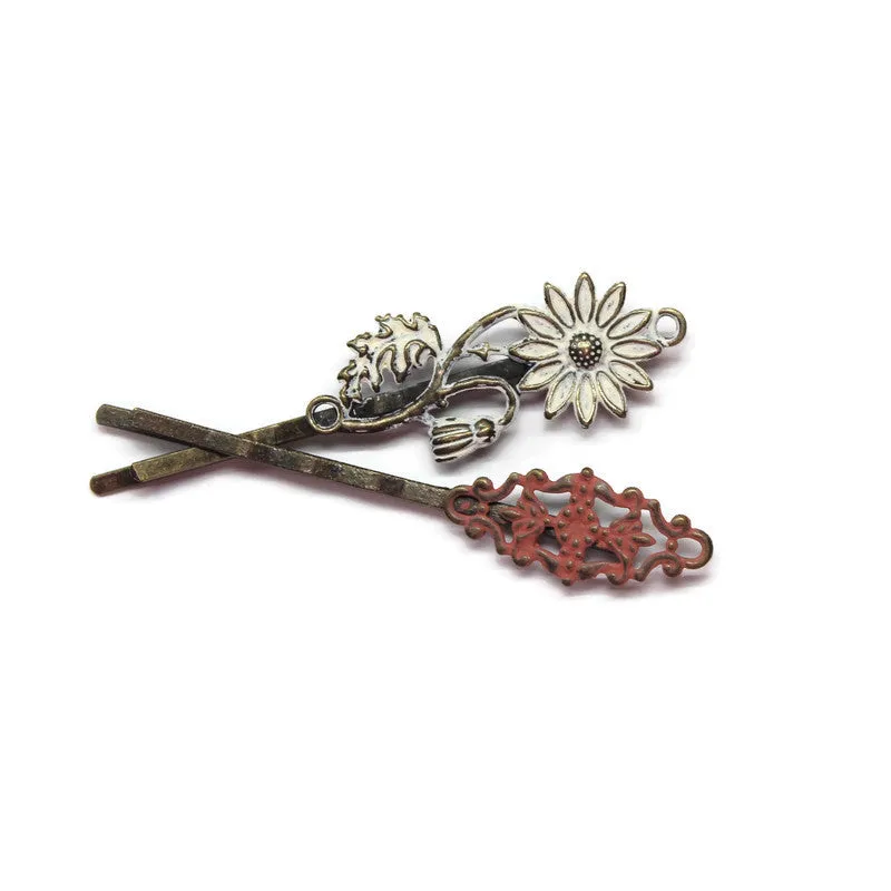 Fortitude Bobby Pins (2 pack) - Hand Painted Metal Casual Flower Filigree Bobby Pins