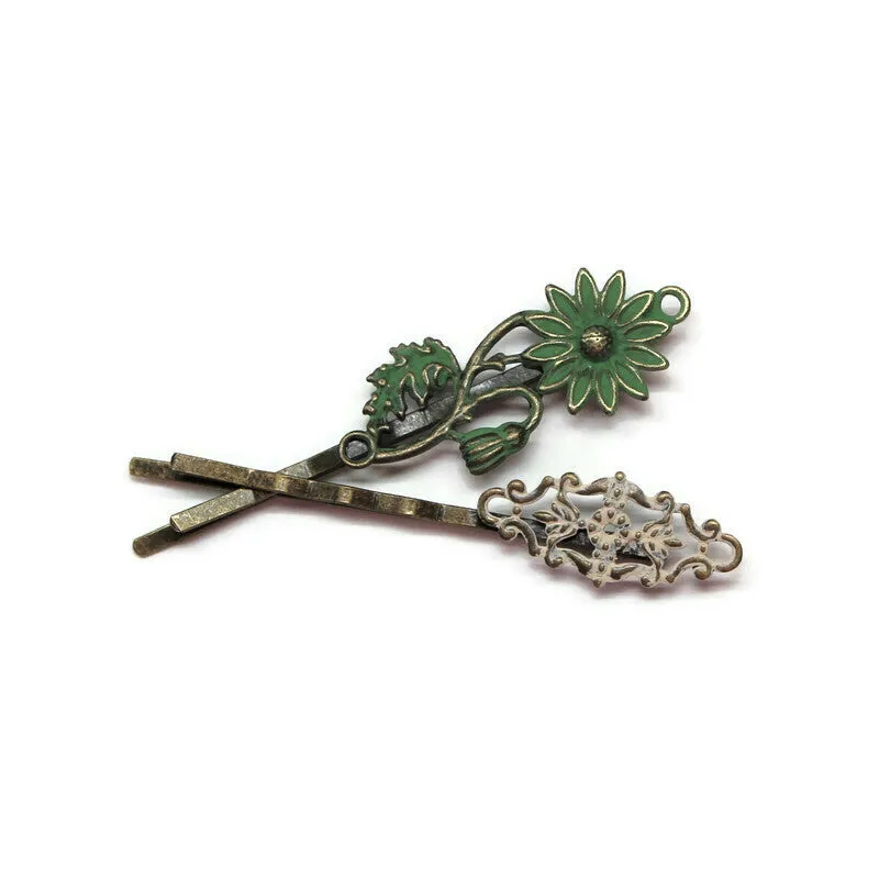Fortitude Bobby Pins (2 pack) - Hand Painted Metal Casual Flower Filigree Bobby Pins