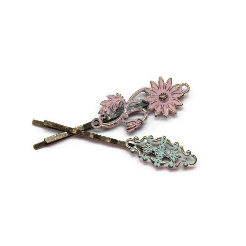 Fortitude Bobby Pins (2 pack) - Hand Painted Metal Casual Flower Filigree Bobby Pins