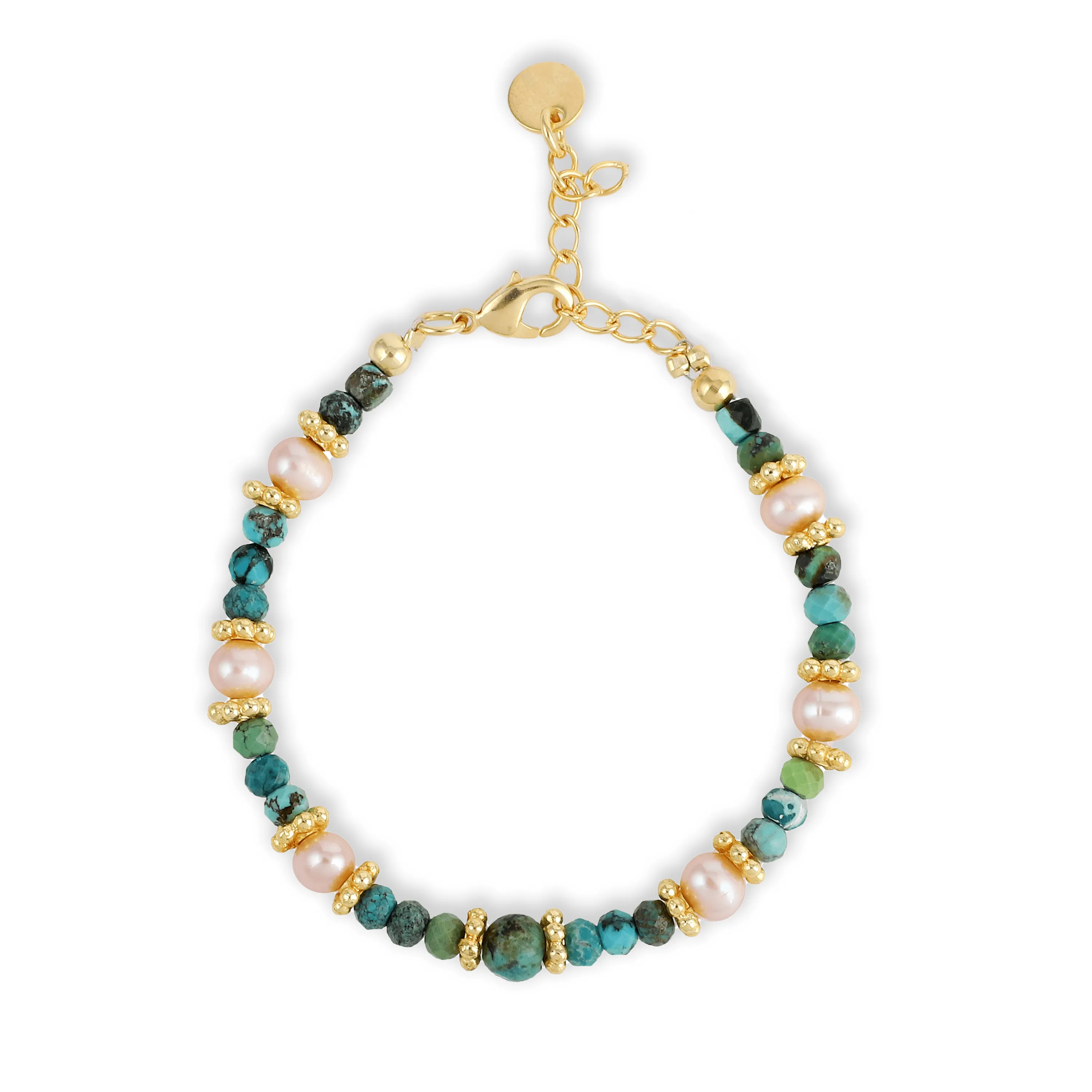 Gold-plated pearl bracelet in 18k yellow gold, made from turquoise and freshwater pearls