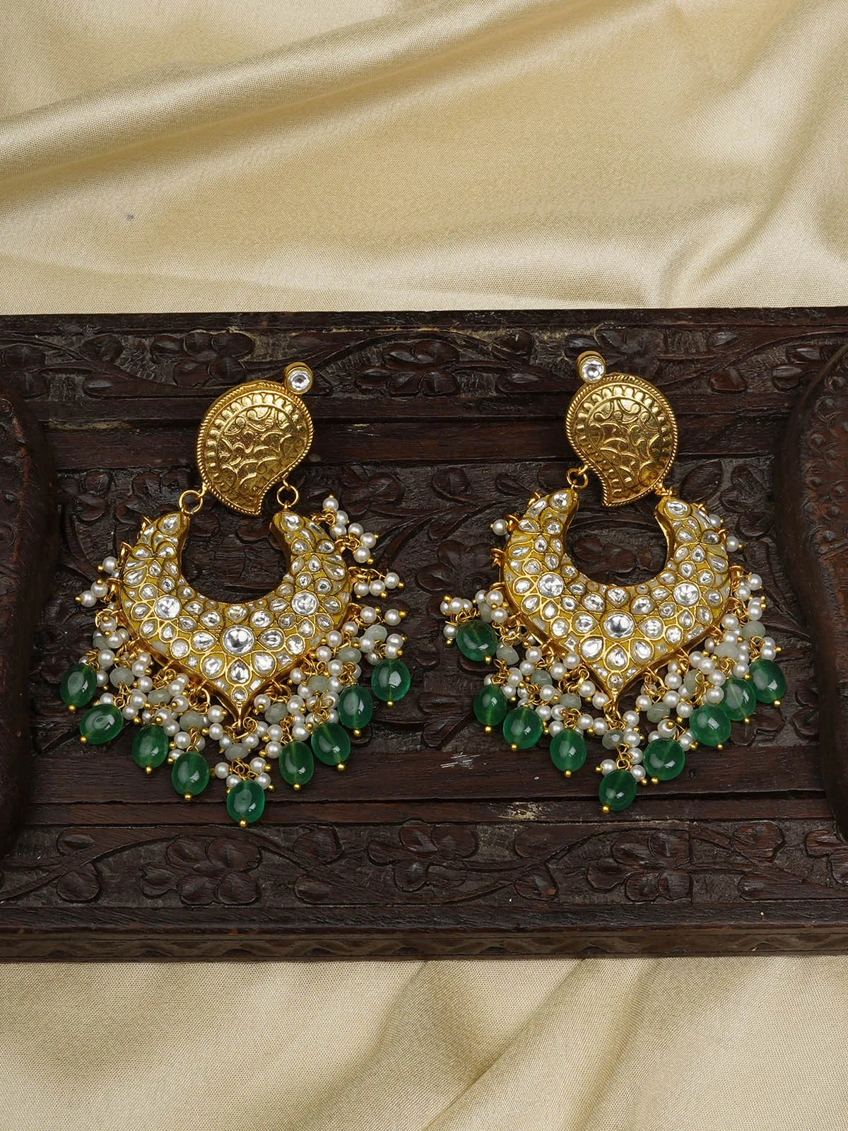 Green Color Gold Plated Thappa Jadau Kundan Earrings - TJ-E99