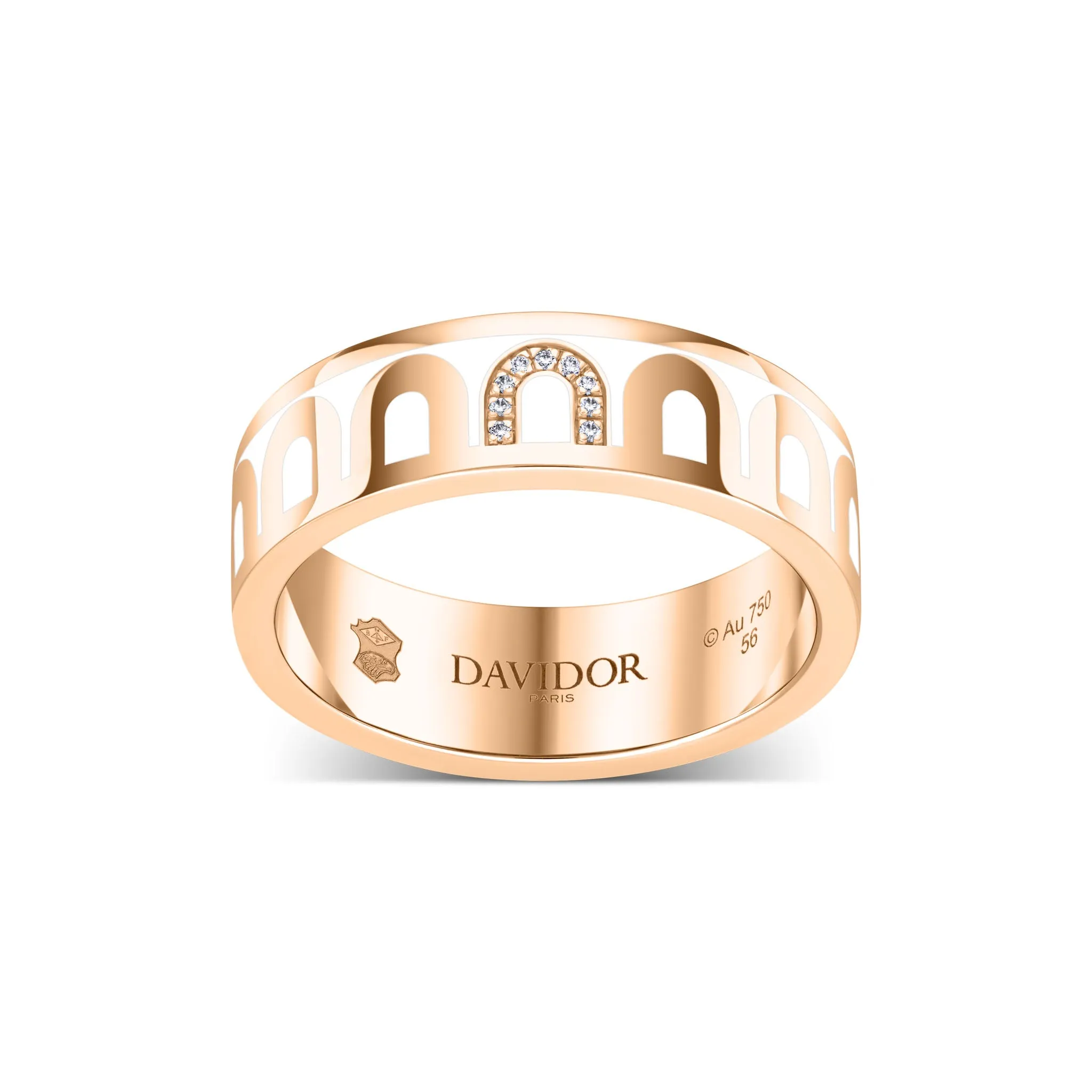 LArc de DAVIDOR Ring MM, 18k Rose Gold with Neige Lacquered Ceramic and Porta Simple Diamonds
