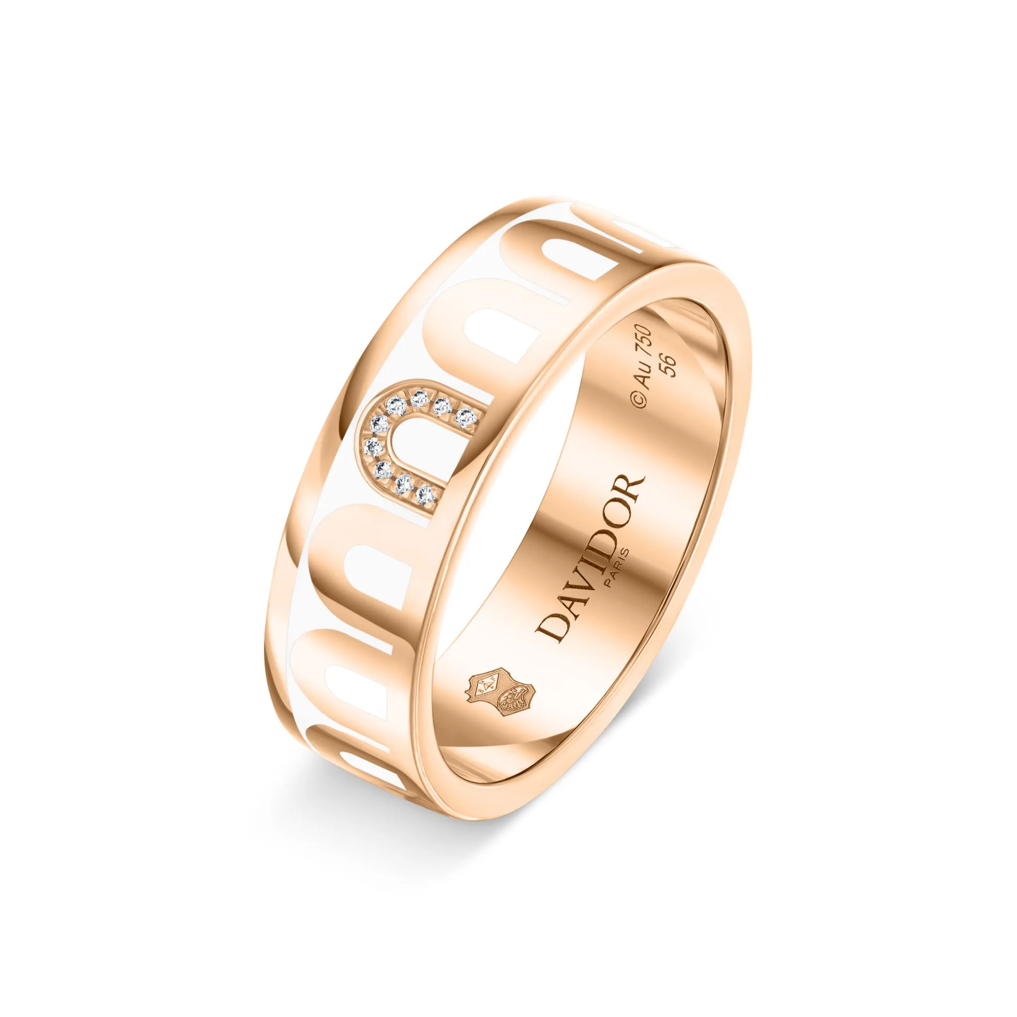 LArc de DAVIDOR Ring MM, 18k Rose Gold with Neige Lacquered Ceramic and Porta Simple Diamonds