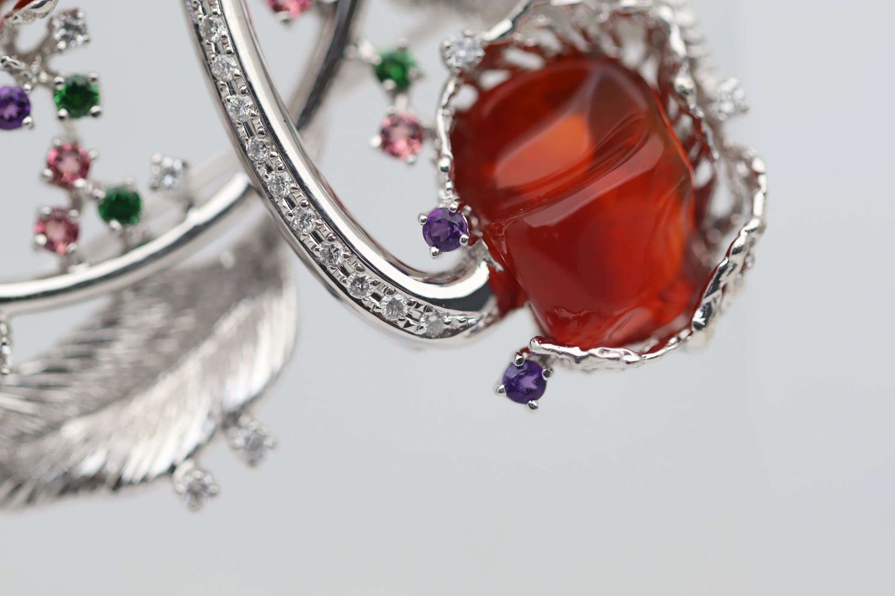 Large Fire Opal Diamond Gemstone Platinum Floral Brooch