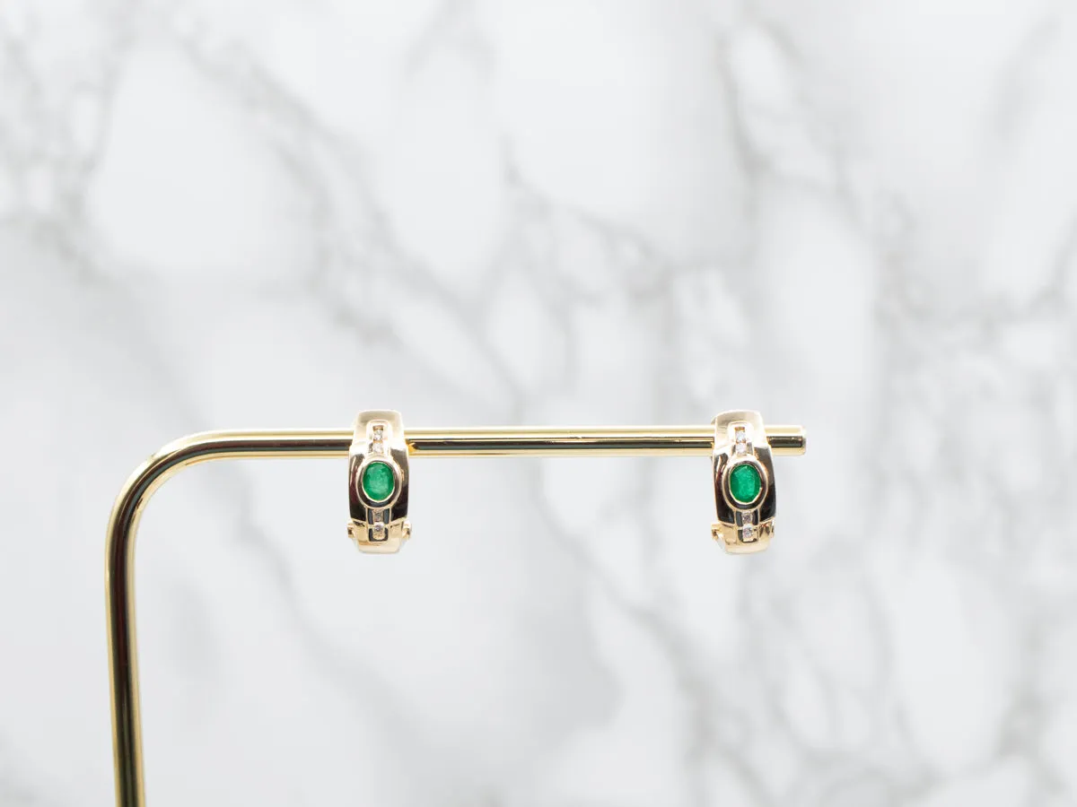 Modern Emerald and Diamond Half Hoop Earrings