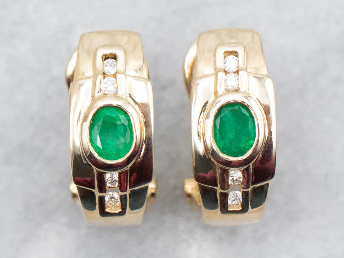 Modern Emerald and Diamond Half Hoop Earrings