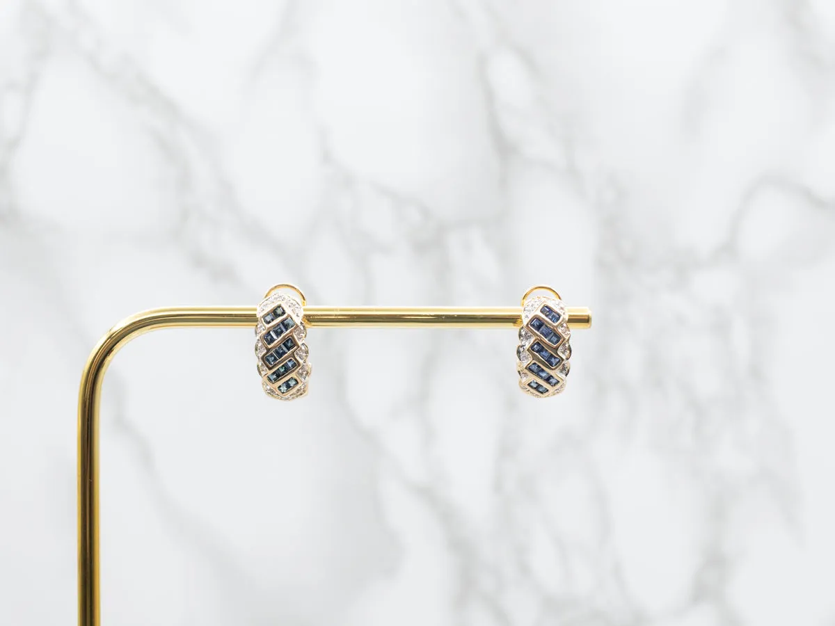 Modern Gold Sapphire and Diamond Drop Earrings