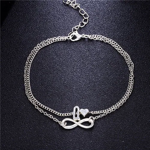 New Fashion silver multi-layer heart 26 letters 8 words pendant Bracelets for women jewelry foot chain anklets accessories gift