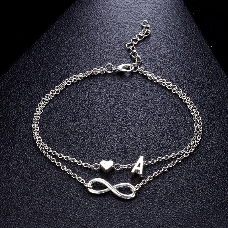 New Fashion silver multi-layer heart 26 letters 8 words pendant Bracelets for women jewelry foot chain anklets accessories gift
