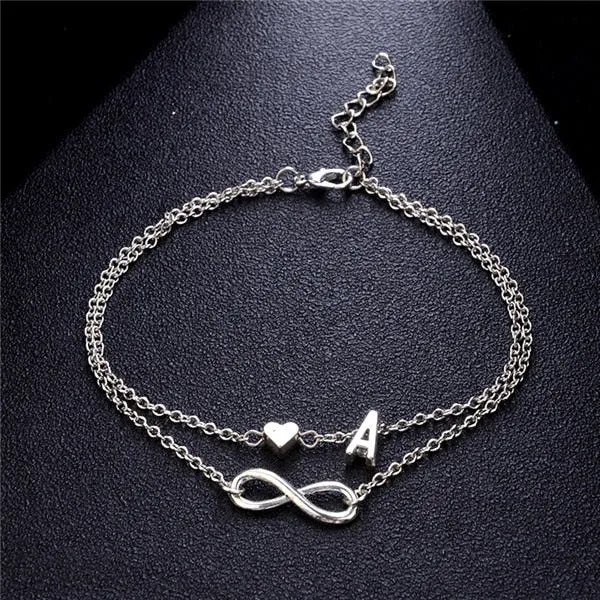 New Fashion silver multi-layer heart 26 letters 8 words pendant Bracelets for women jewelry foot chain anklets accessories gift