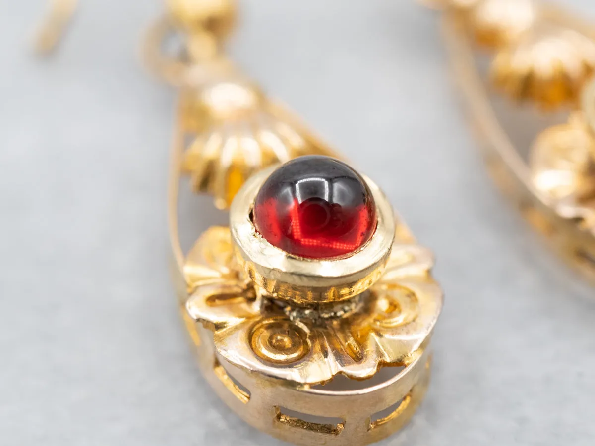 Ornate Garnet Cabochon Drop Earrings